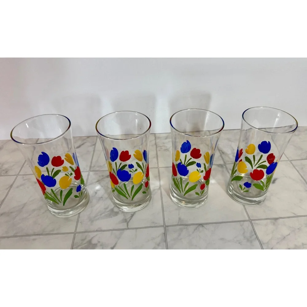Vintage Federal Glass Tulip Tyme Tumblers Set of 4 Primary Colors Floral Glass